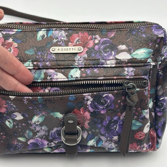 ROSETTI Crossbody Purse Brown Floral Vinyl Adjustable Strap Pockets 9.5"x7.5" - Picture 4 of 12